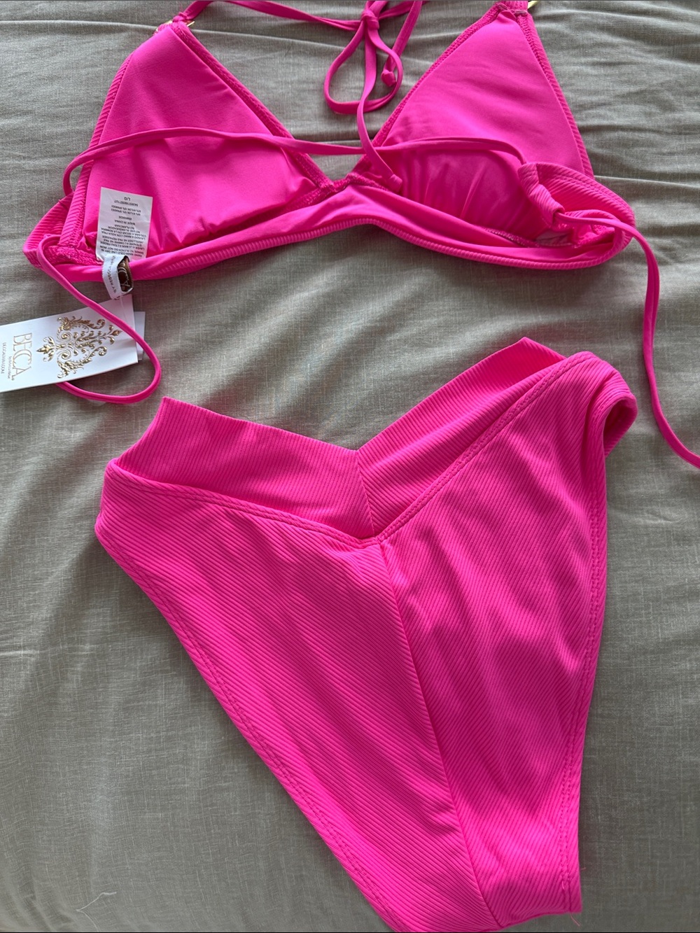 BECCA Hot Pink Ribbed Triangle Bikini Set - Picture 2 of 5